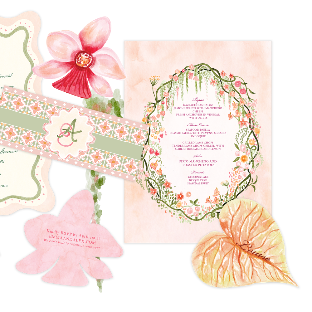 A wedding invitation set with floral and leaf motifs, including an oval menu, RSVP card, and decorative leaves and flowers.
