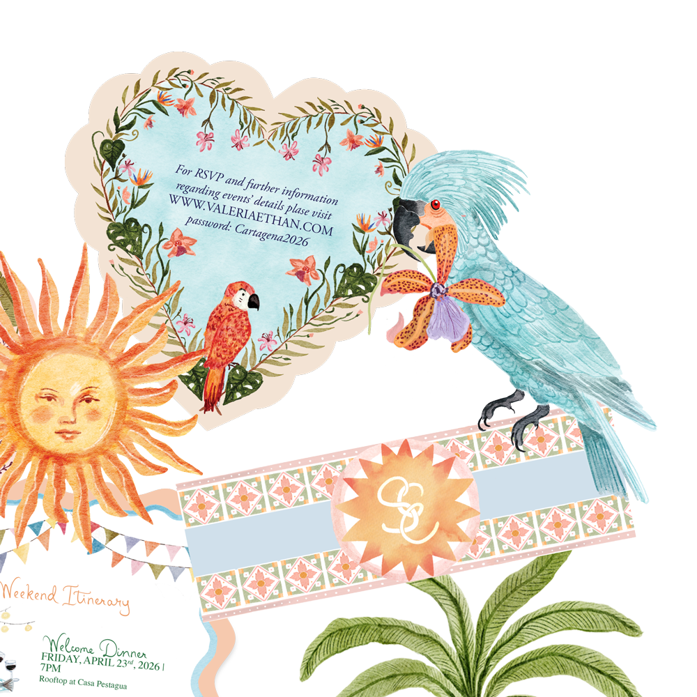A colorful illustration with a sun with a face, a parrot, a heart-shaped card with a parrot and flowers design containing event RSVP information, and a striped box with a monogram. There are also green leaves at the bottom.