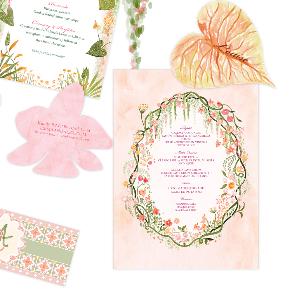 Assorted wedding invitation and RSVP cards with floral and leaf designs, including a main menu card, a pink flower-shaped RSVP card, a peach-colored leaf with the name Louise, and decorative elements with pink, peach, and green colors.