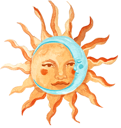 A watercolor illustration of a sun with a face and a moon with a face combined in the center.