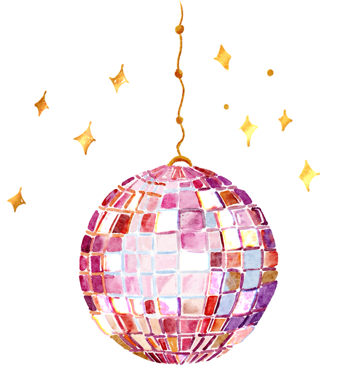 Watercolor painting of a disco ball hanging from a string with small yellow stars floating around it.