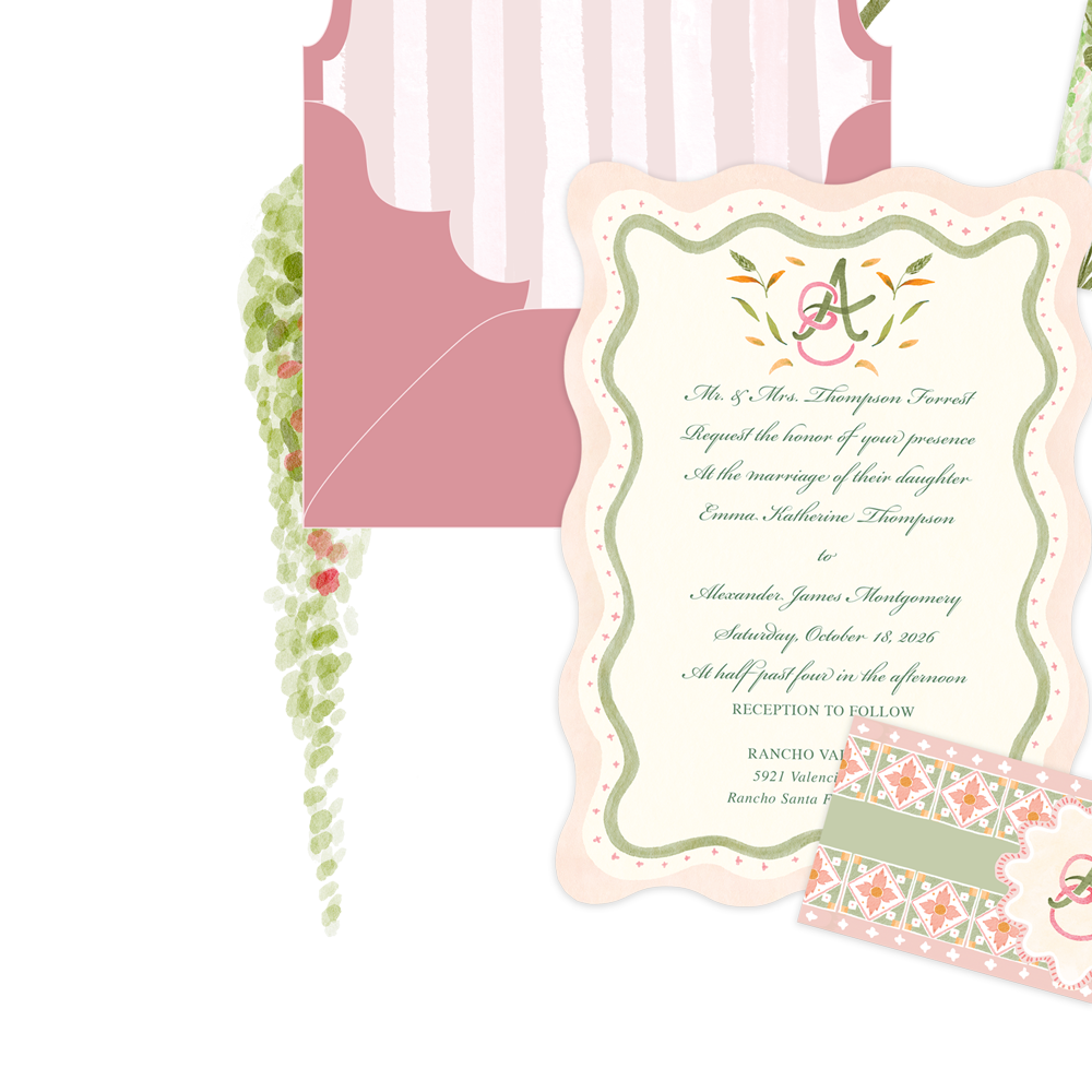 A wedding invitation with pink, green, and white colors, ornate borders, floral designs, and a monogram of intertwined initials.