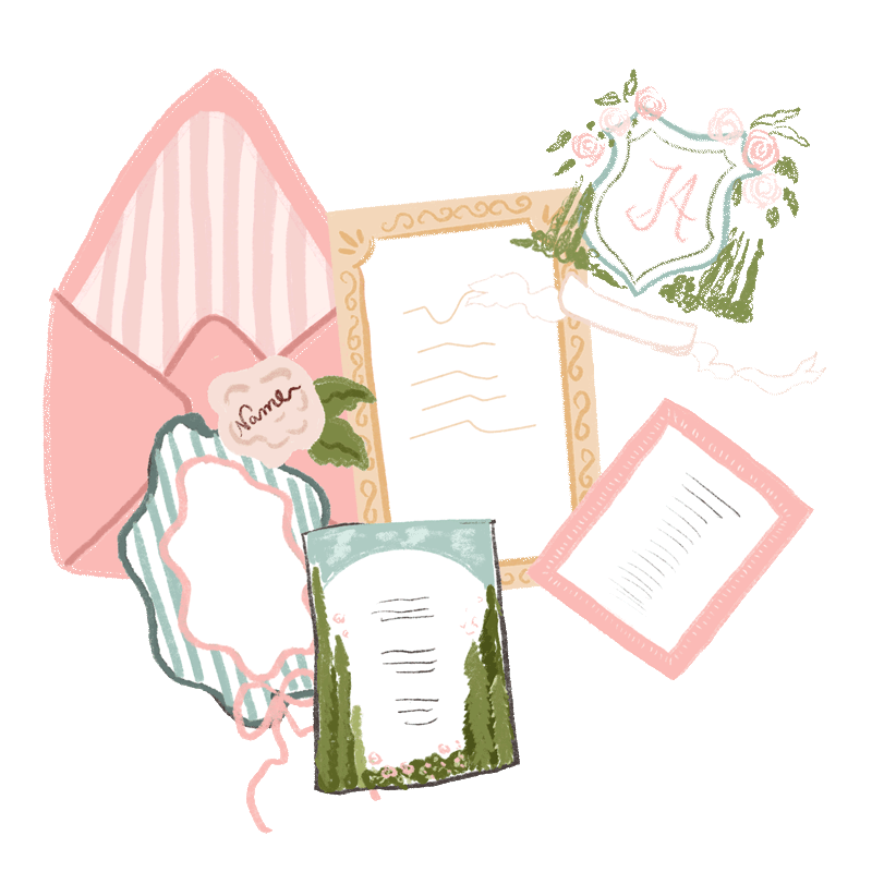 Assorted stationery items, including an envelope, a greeting card, a framed picture with floral designs, and a piece of paper with handwritten notes, all arranged on a light background.
