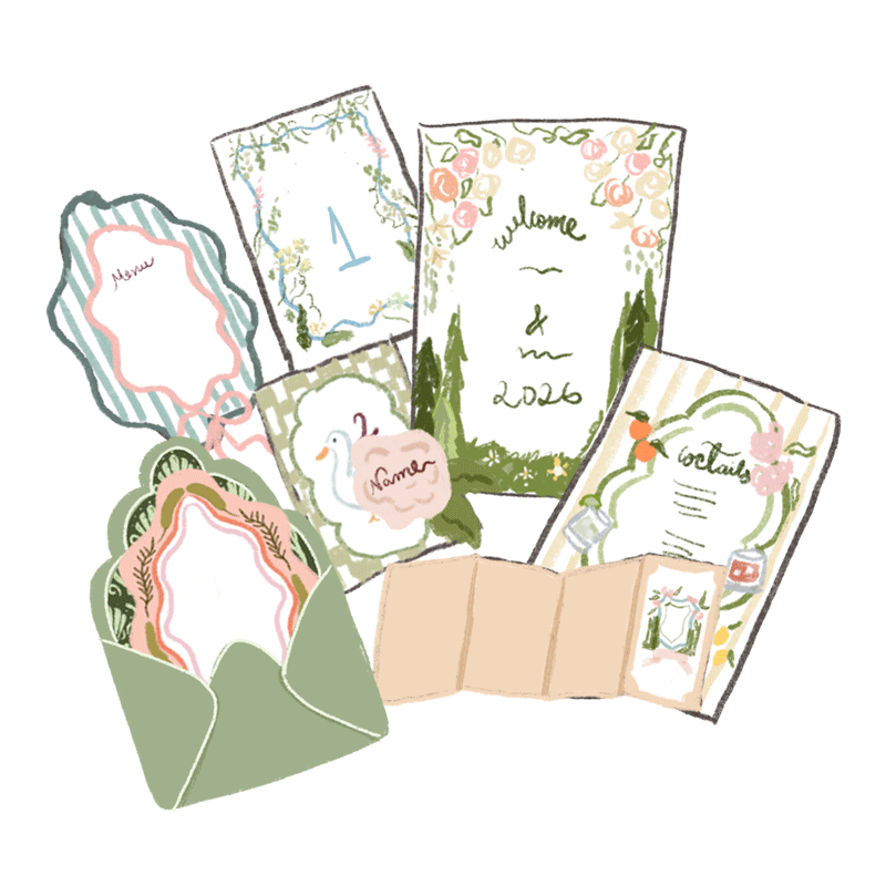 Collection of decorative stationery including menus, name tags, welcome signs, and a pocket guide with floral designs and pastel colors.