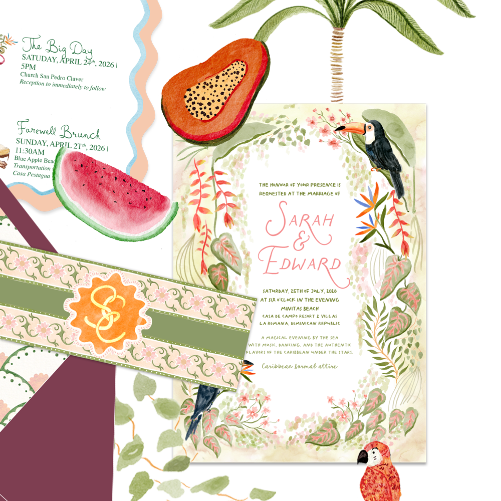 A tropical-themed wedding invitation with watercolor illustrations of a papaya, watermelon, and palm trees, featuring a toucan and a macaw, and event details for a wedding celebration.