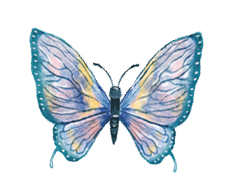 Watercolor illustration of a butterfly with blue and pastel-colored wings.