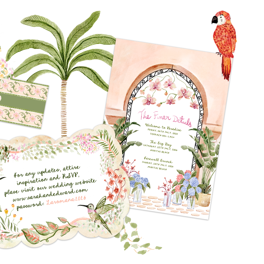 Wedding invitation and update card with floral and tropical design, featuring a parrot, hummingbird, palm tree, and patterned accents.