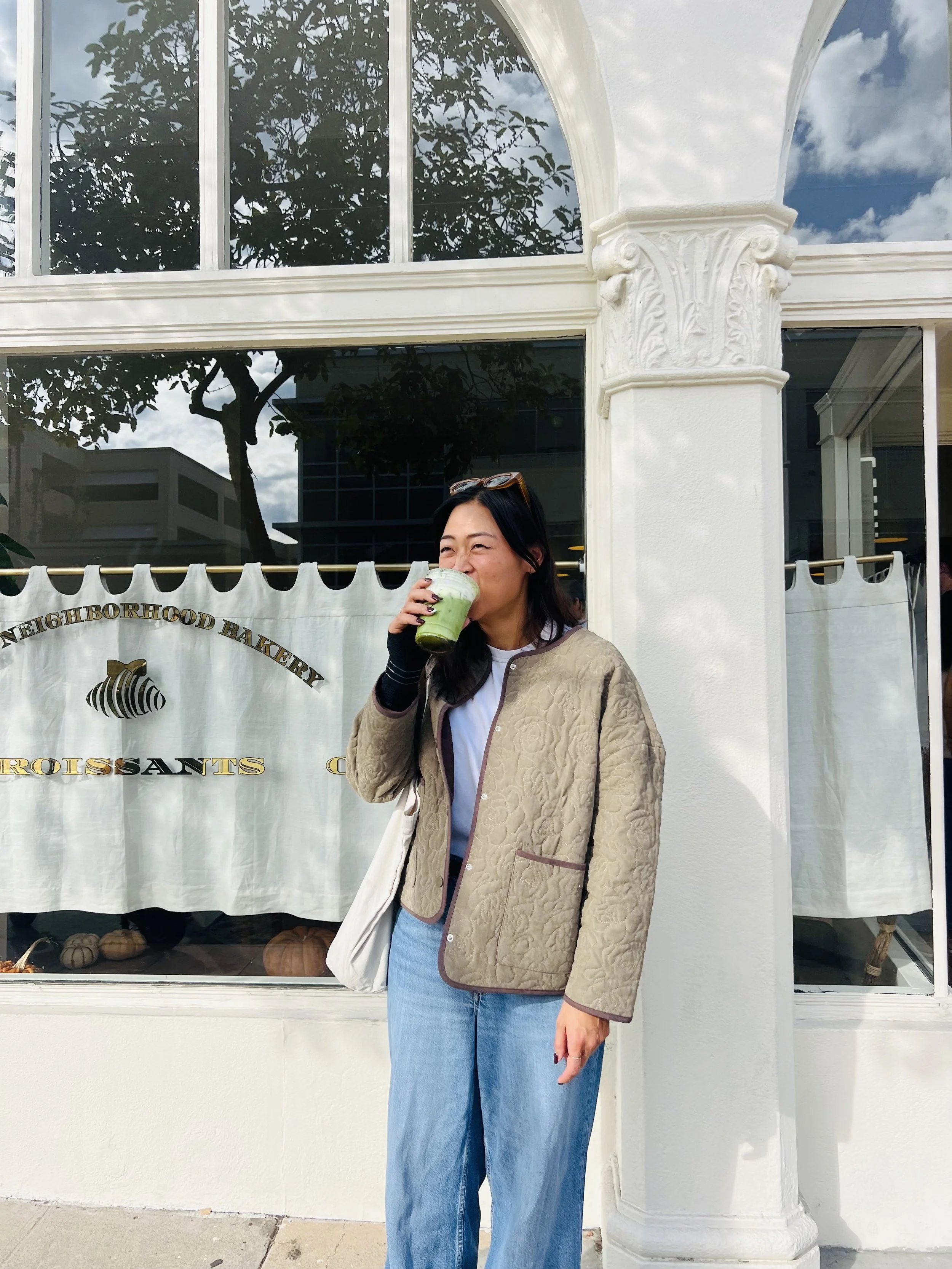 laughing and drinking matcha