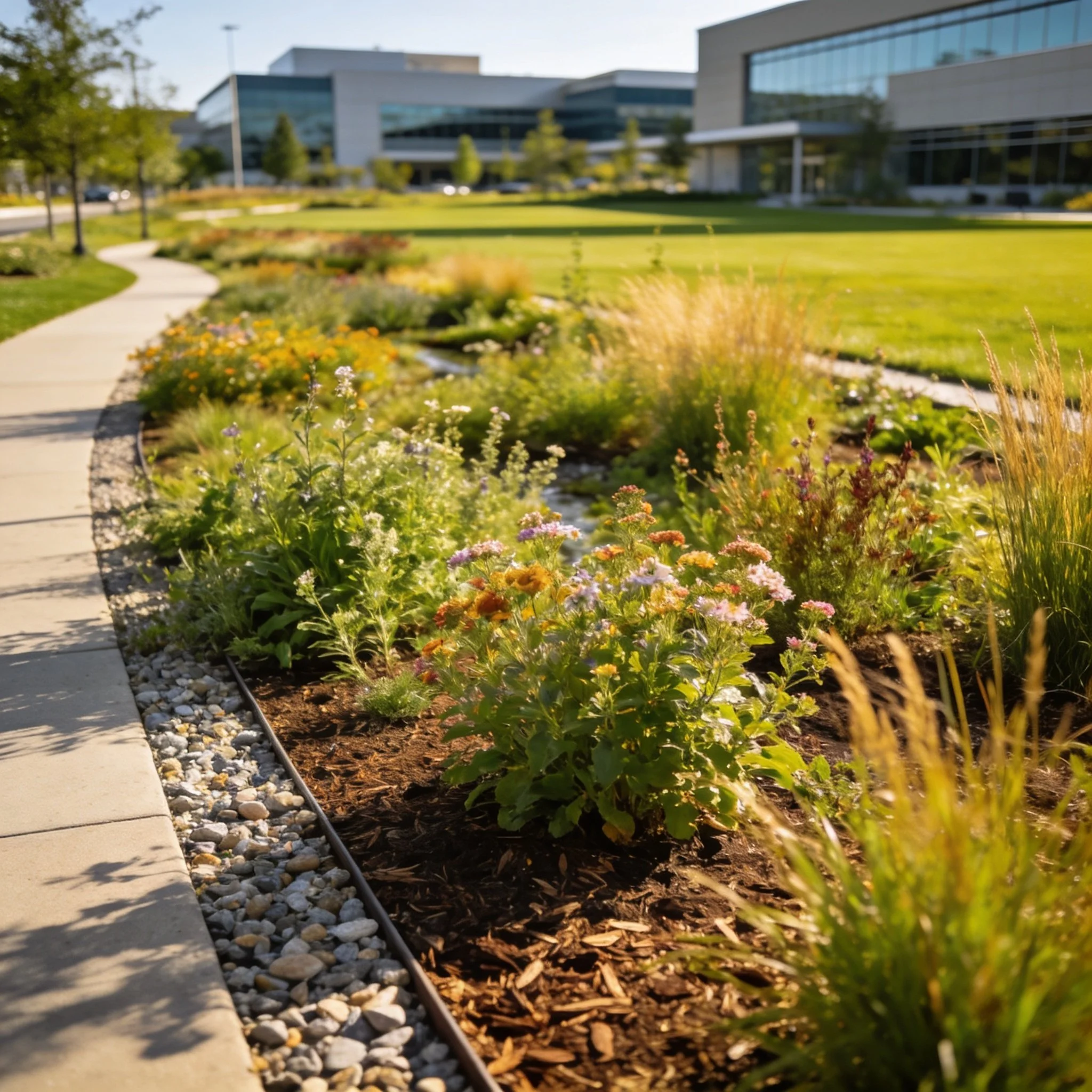 Streetside bioretention rain garden with native grasses and flowering perennials treating stormwater runoff along a Northern Virginia roadway.