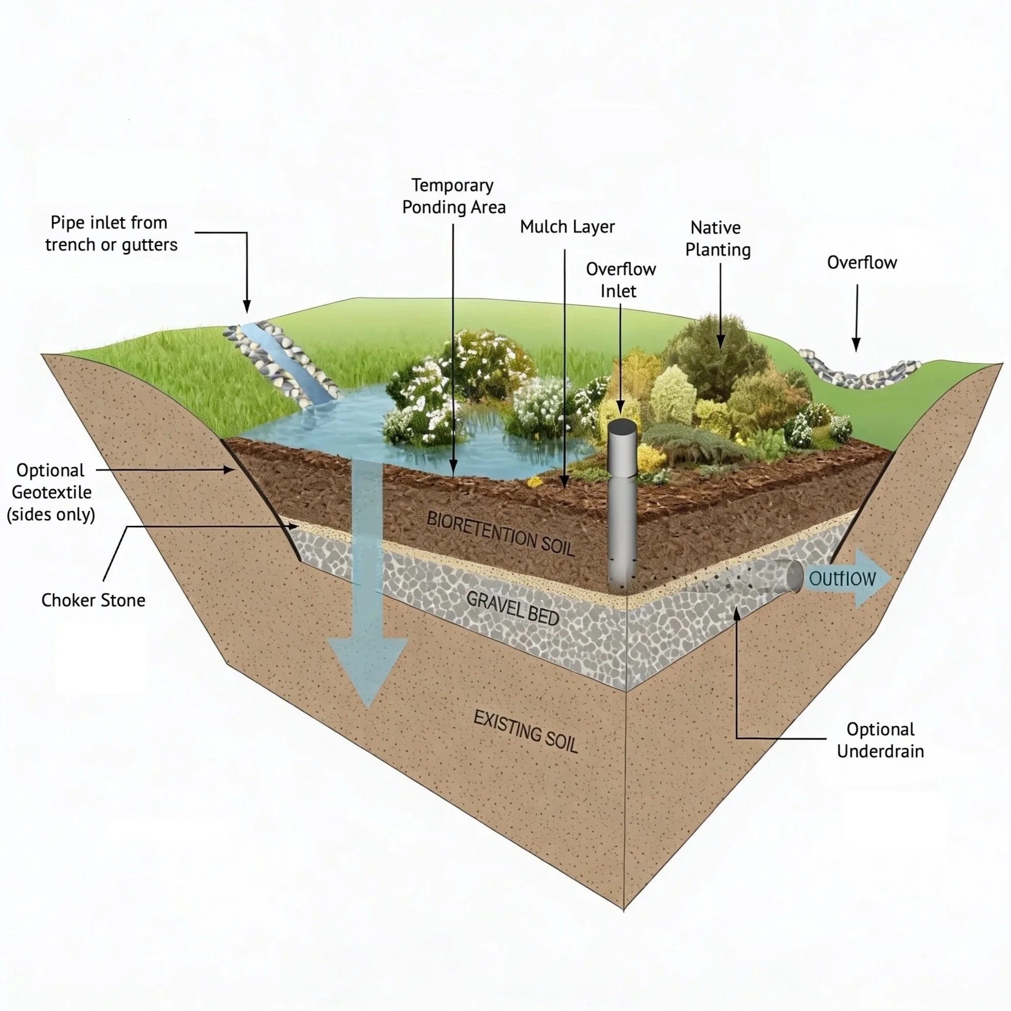 Cutaway diagram of a bioretention cell showing pipe inlet, ponding area, mulch, bioretention soil, gravel bed, native planting, and underdrain outflow.