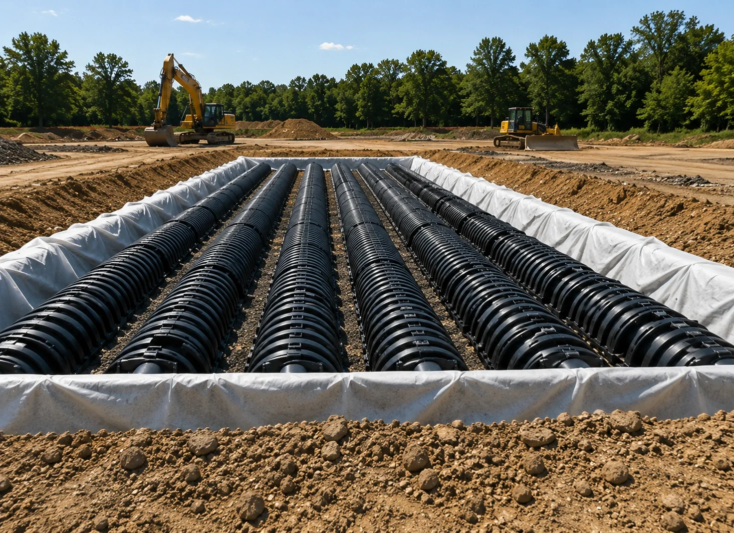 Commercial underground stormwater detention system installation with long pipe modules, geotextile liner, excavator, and graded site.