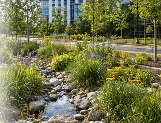Urban park with a small stream surrounded by lush greenery and flowering plants, with tall buildings and trees in the background.