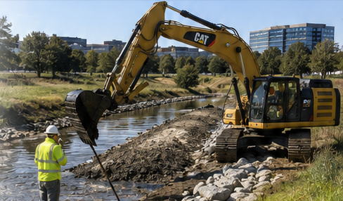 Construction site with a yellow CAT excavator digging near a river, worker in a reflective vest and helmet observing.