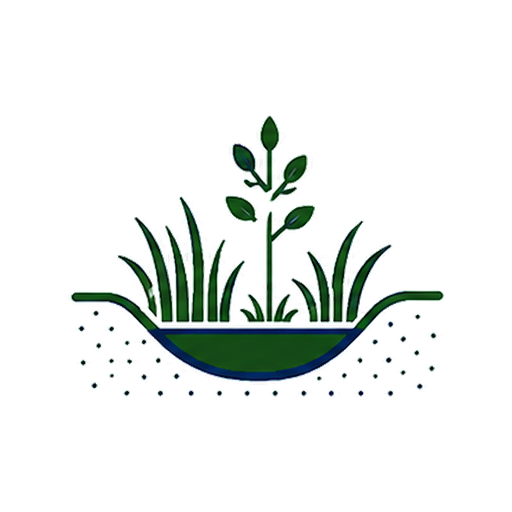 A plant growing in a curved container with grass around it, illustrated in green and blue.