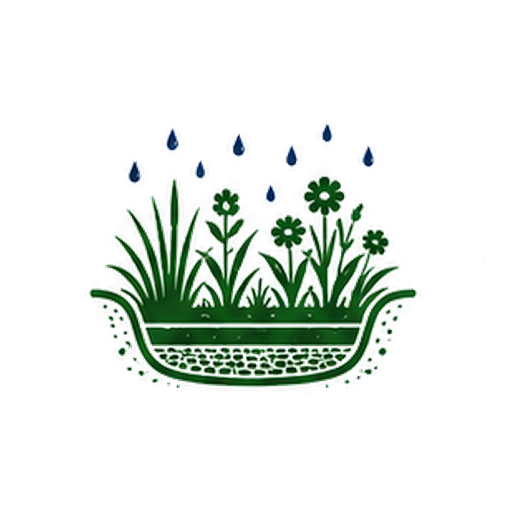 Decorative illustration of a flower pot filled with blue flowers and green leaves.