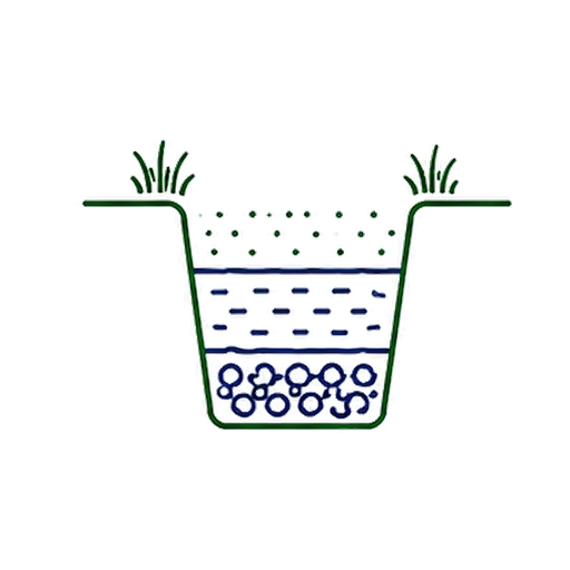 Cross-section of a soil filtration system showing layers of plants, gravel, sand, and clay in a container.