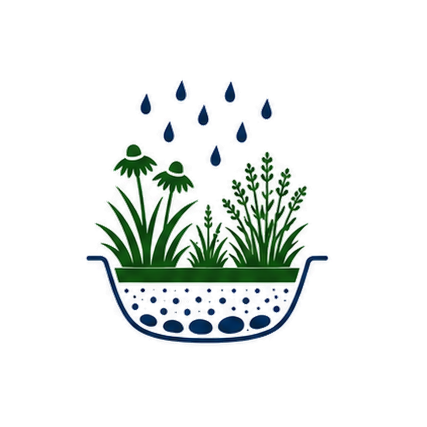 Illustration of green plants and flowers growing in a decorative bowl with blue dots, featuring rain drops falling from above.