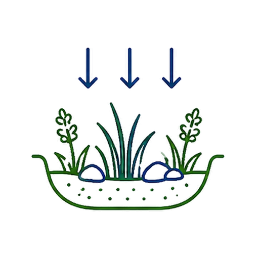 A diagram of a garden bed with three arrows pointing downward, indicating watering or sunlight. The garden includes grass-like plants, rocks, and a small container or pot.