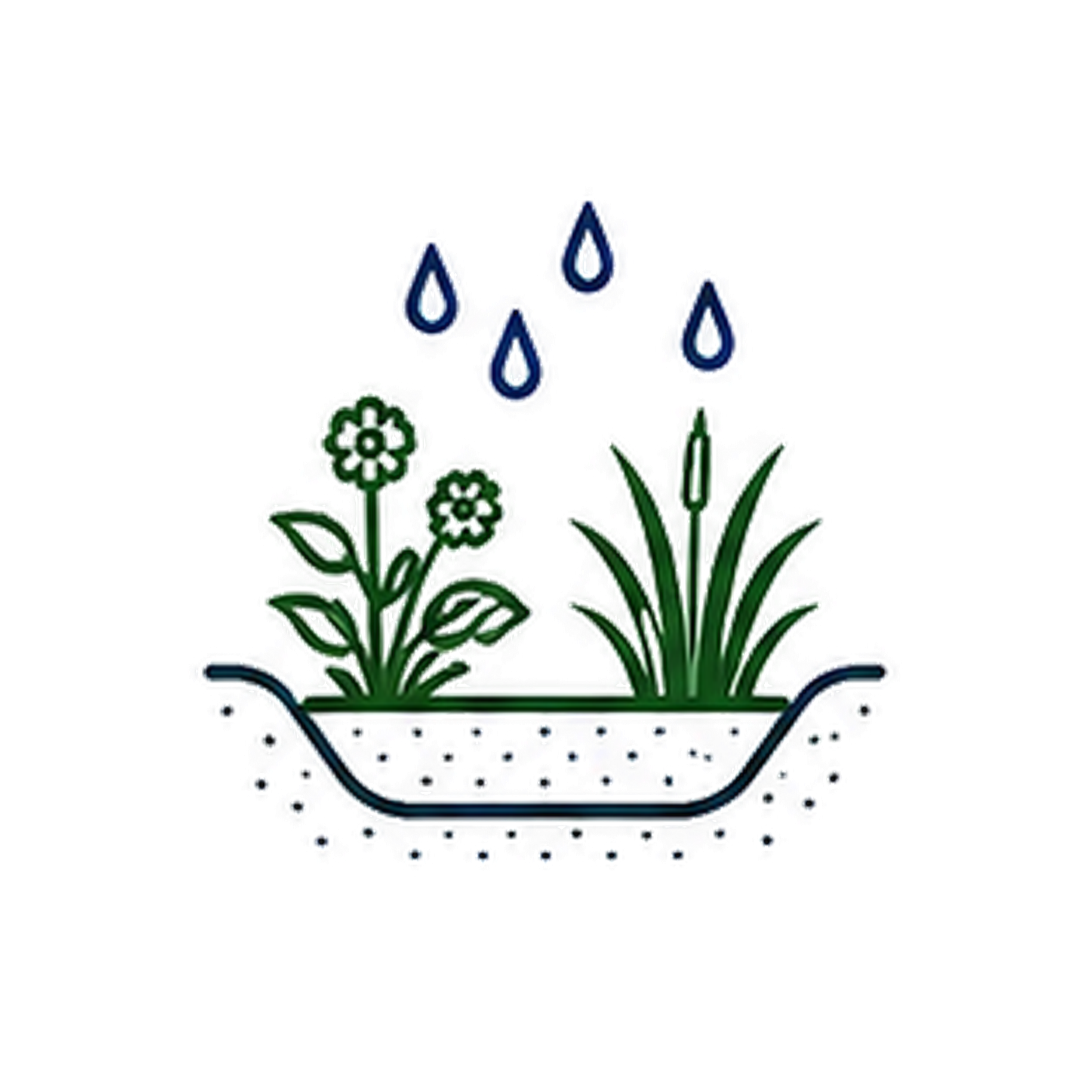 A decorative illustration of a gardening scene with green plants and flowers in a white container, along with watering droplets, on a white background.