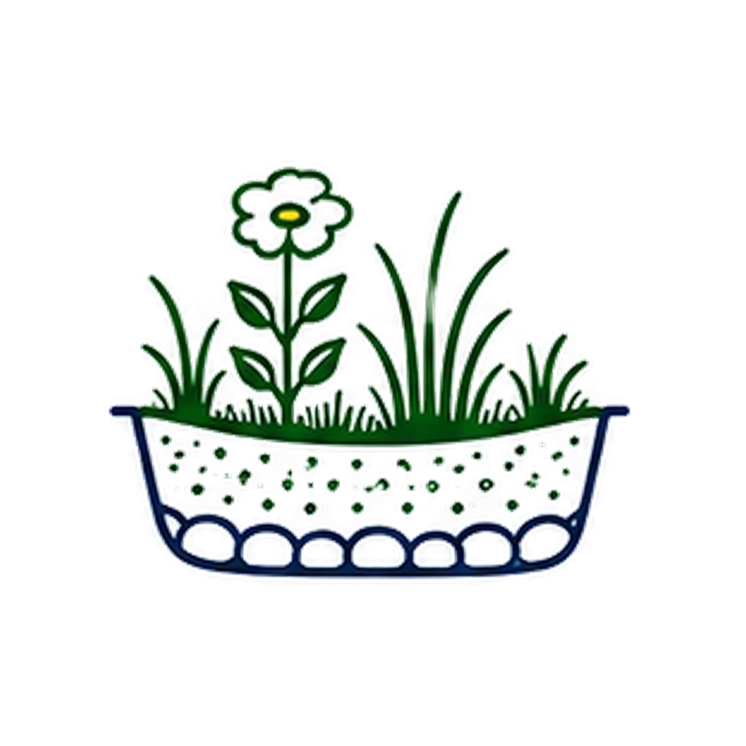 Drawing of a potted plant with a daisy flower, green leaves, and a blue pot