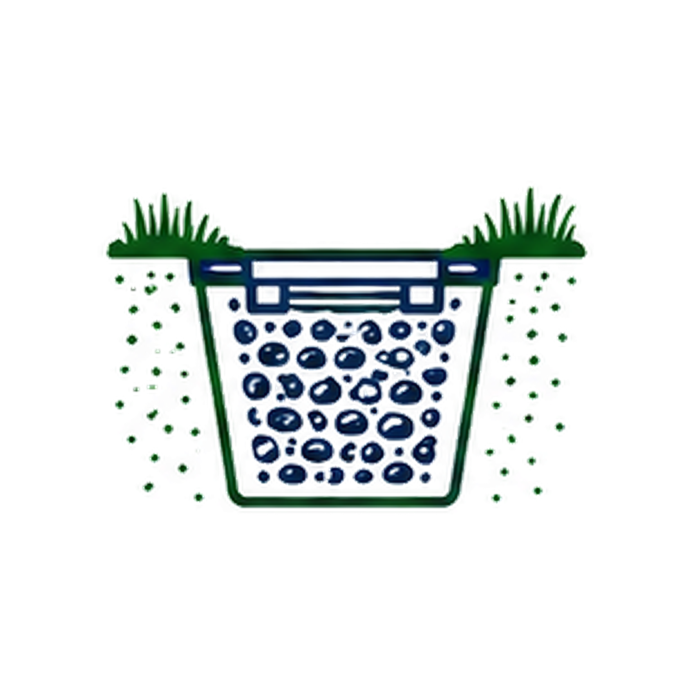 A drawing of a garden bed with green grass on either side and a blue rectangular outline in the middle.