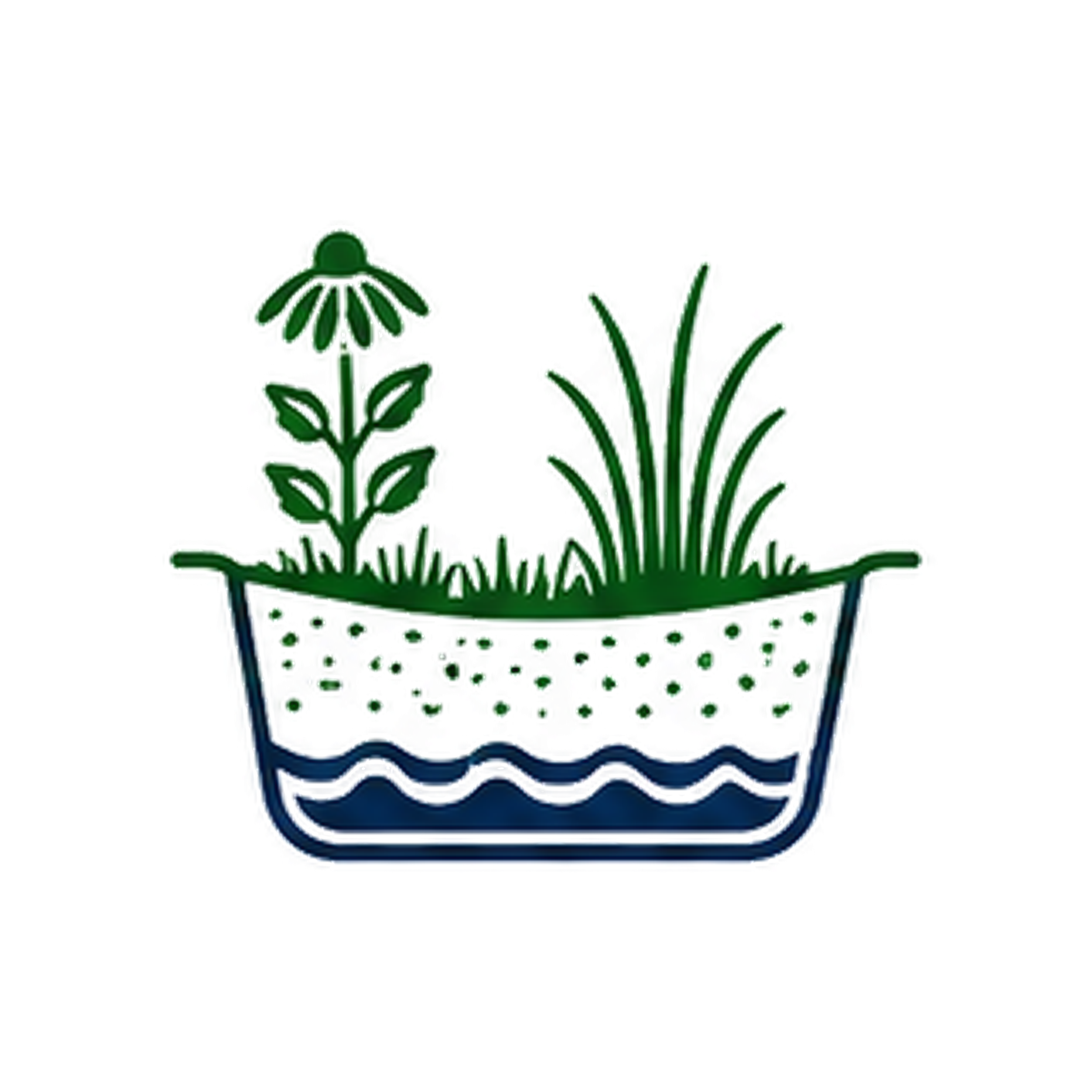 A decorative illustration of potted plants, including a tall plant with umbrella-shaped leaves and a cluster of long, narrow leaves, all in a pot with a dotted pattern.