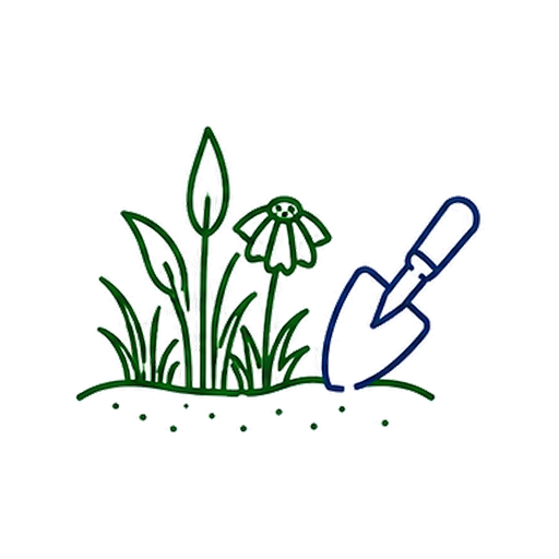 Illustration of a garden with plants and flowers, and a hand using a trowel for planting.