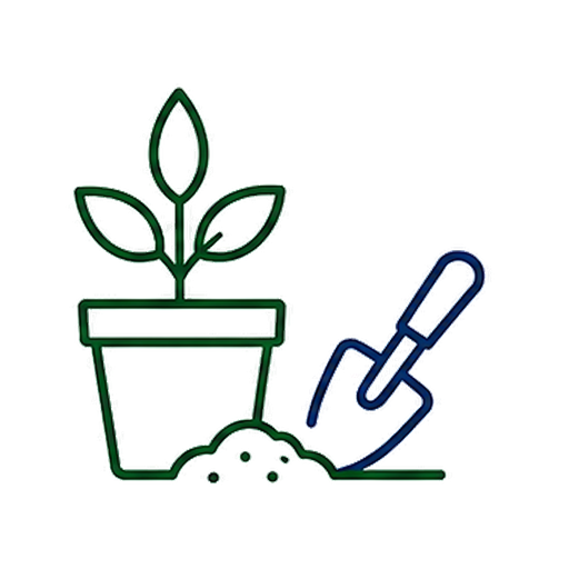 A potted plant with three leaves and a gardening trowel digging into soil.
