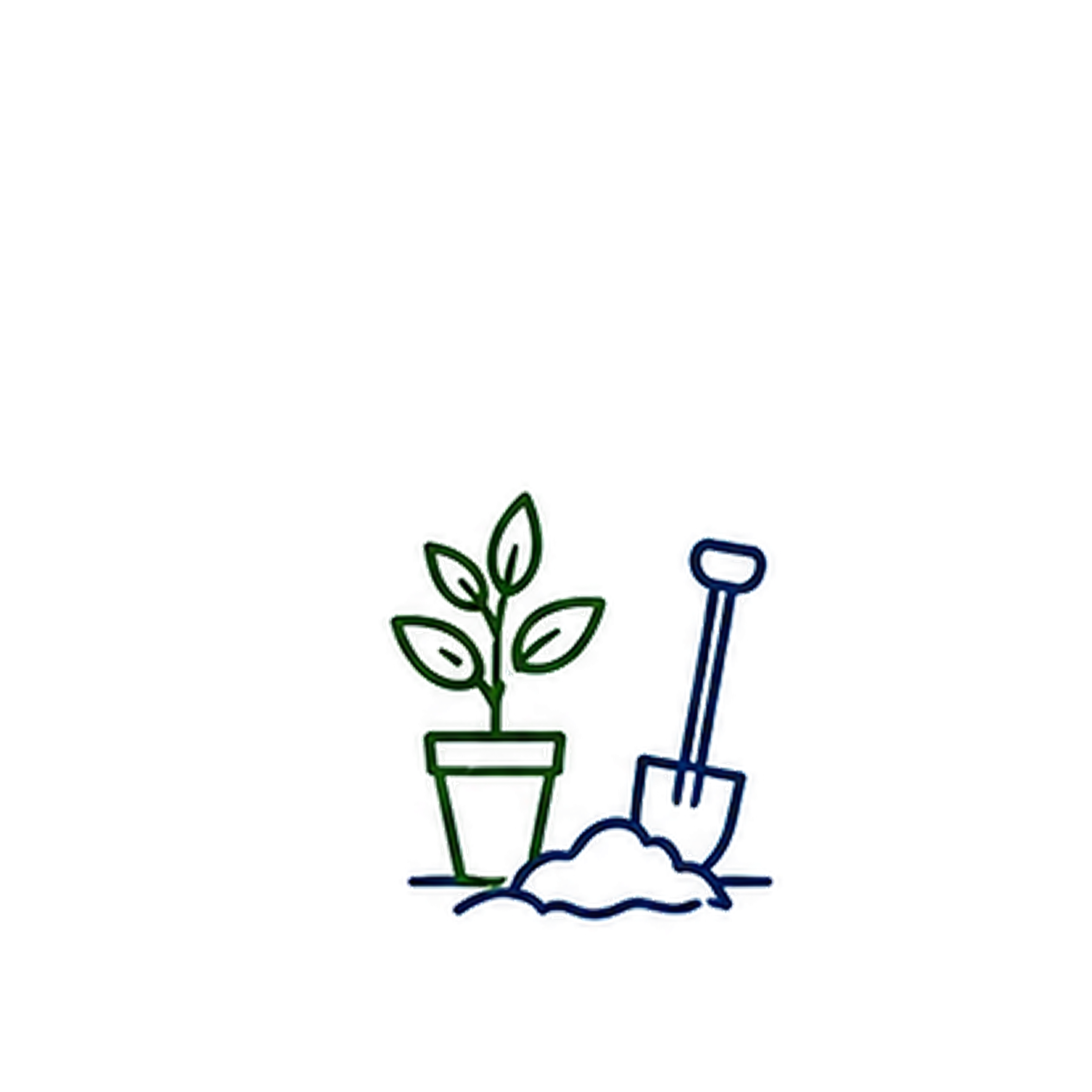 A simple illustration of a green potted plant next to a blue flower on a white background.