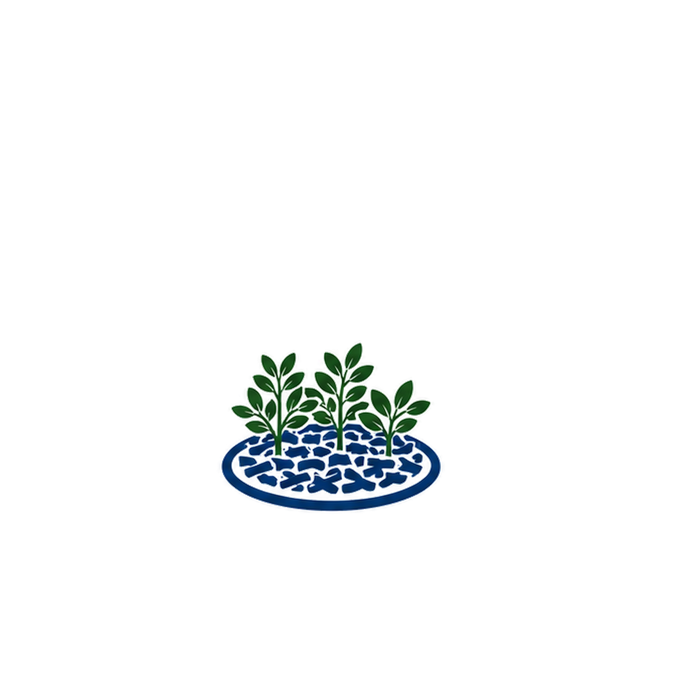 Illustration of green plants growing in a circular pattern on blue soil, surrounded by a decorative blue border.
