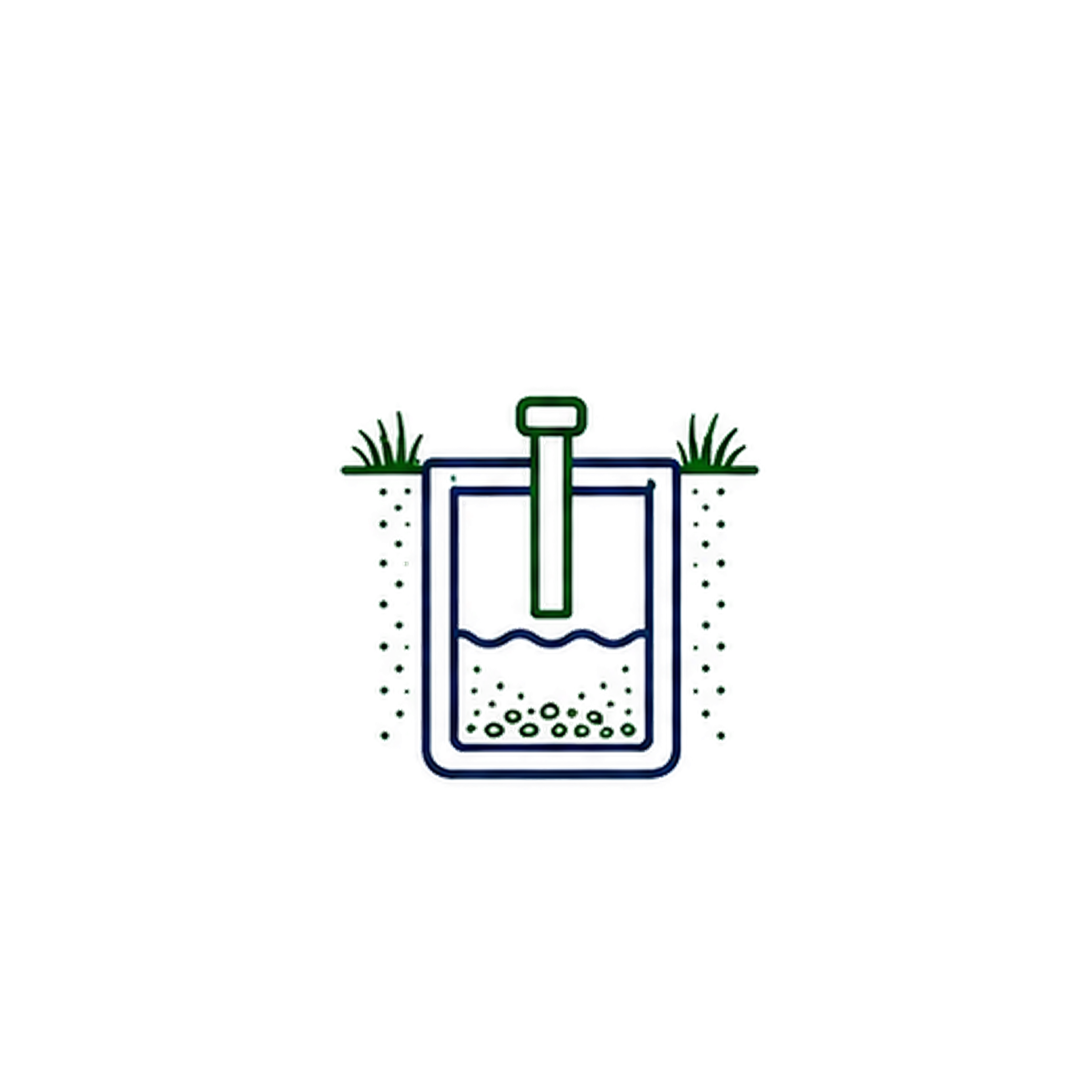 Line drawing of a fountain with water flowing into a basin, surrounded by grass.