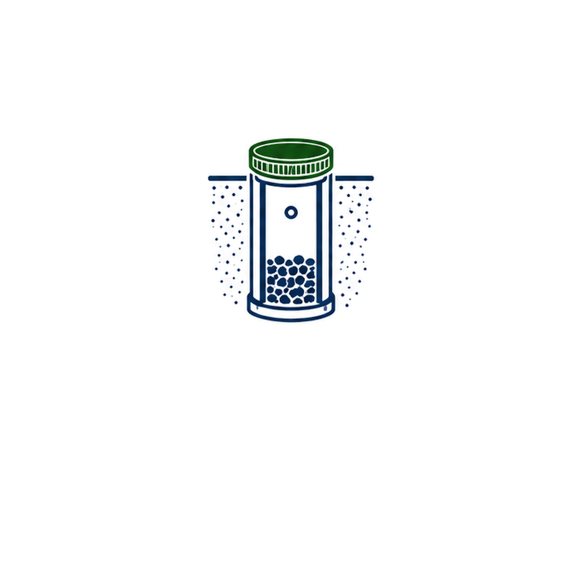 Digital illustration of a capsule-shaped container filled with small spheres and bubbles, with a green lid on top.