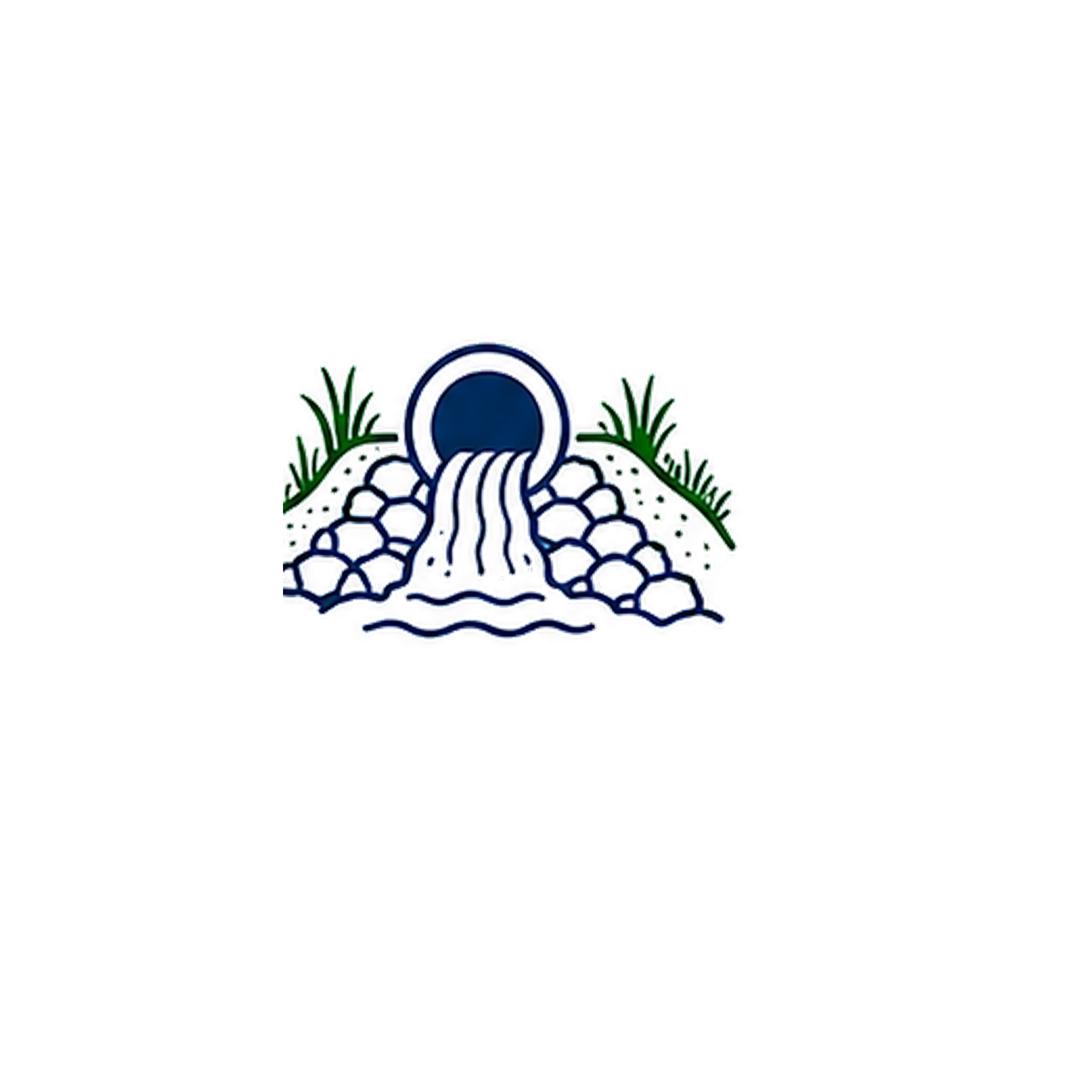 Illustration of a water fountain with water flowing into a pool surrounded by rocks and grass.