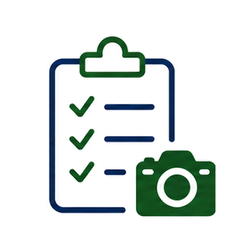 Icon of a clipboard with a checklist and a camera icon in front.