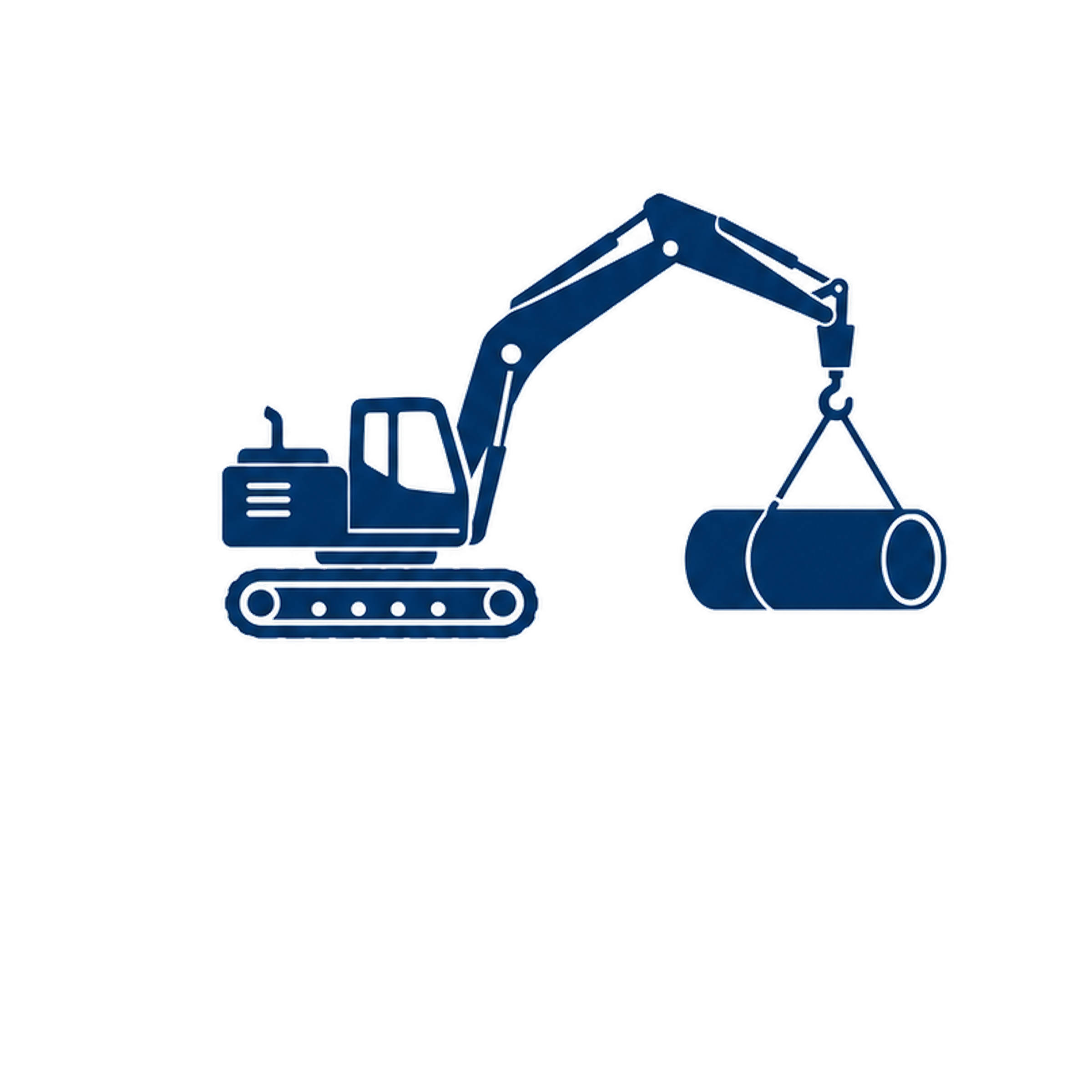 Blue outline illustration of a crane lifting a load with a hook.