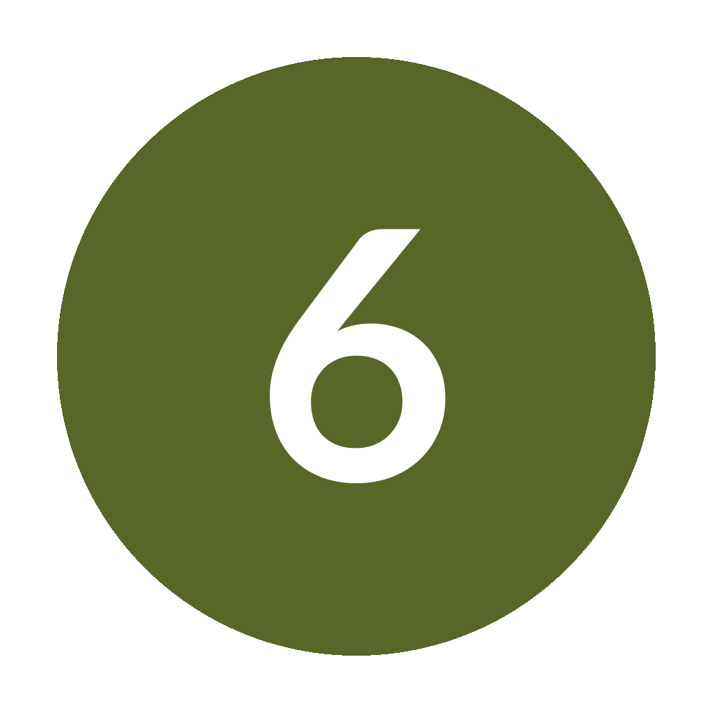 Number six inside a dark green circle on a black background.