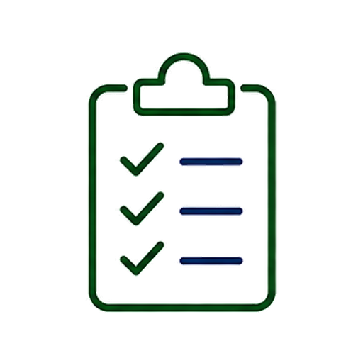 Checklist on a clipboard with three green checkmarks next to blue lines