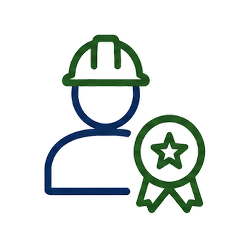 Icon of a construction worker wearing a hard hat with a badge or ribbon featuring a star.