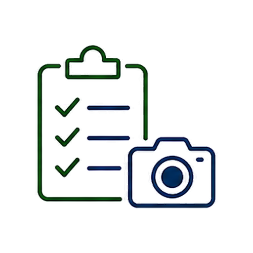 Illustration of a checklist on a clipboard with checkmarks and a camera icon, representing photo documentation or verification.