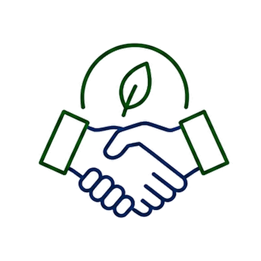 Illustration of a handshake with a green leaf and measuring gauge in the background, symbolizing environmental sustainability and eco-friendly practices.