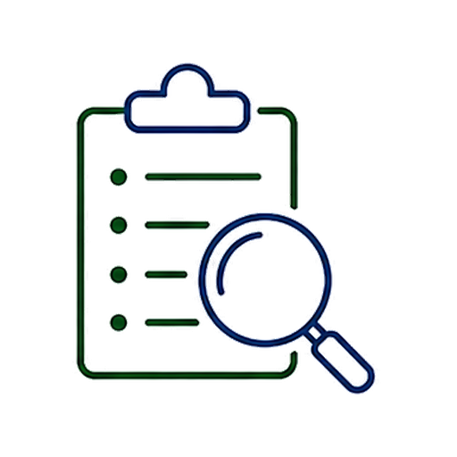 Outline icon of a clipboard with a magnifying glass in front, indicating inspection or review.