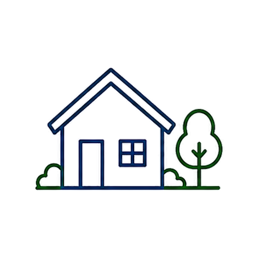 Simple line drawing of a house with a door and window, surrounded by trees and bushes.