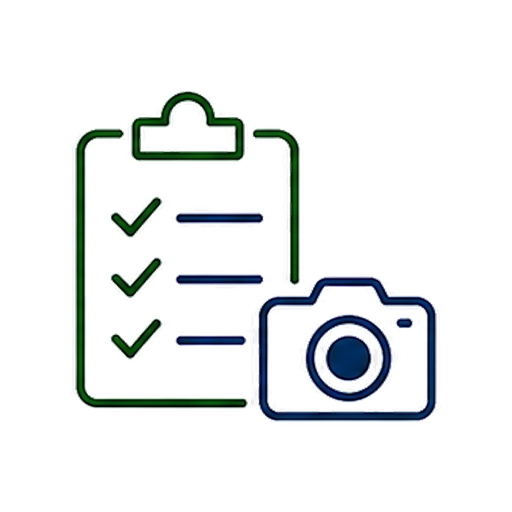 Icon of a clipboard with checkmarks and a camera symbol, representing photo documentation or photo checklist.