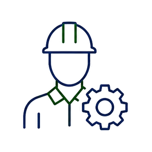 Outline of a person wearing a safety helmet with a test tube on top of the helmet and a gear icon nearby.