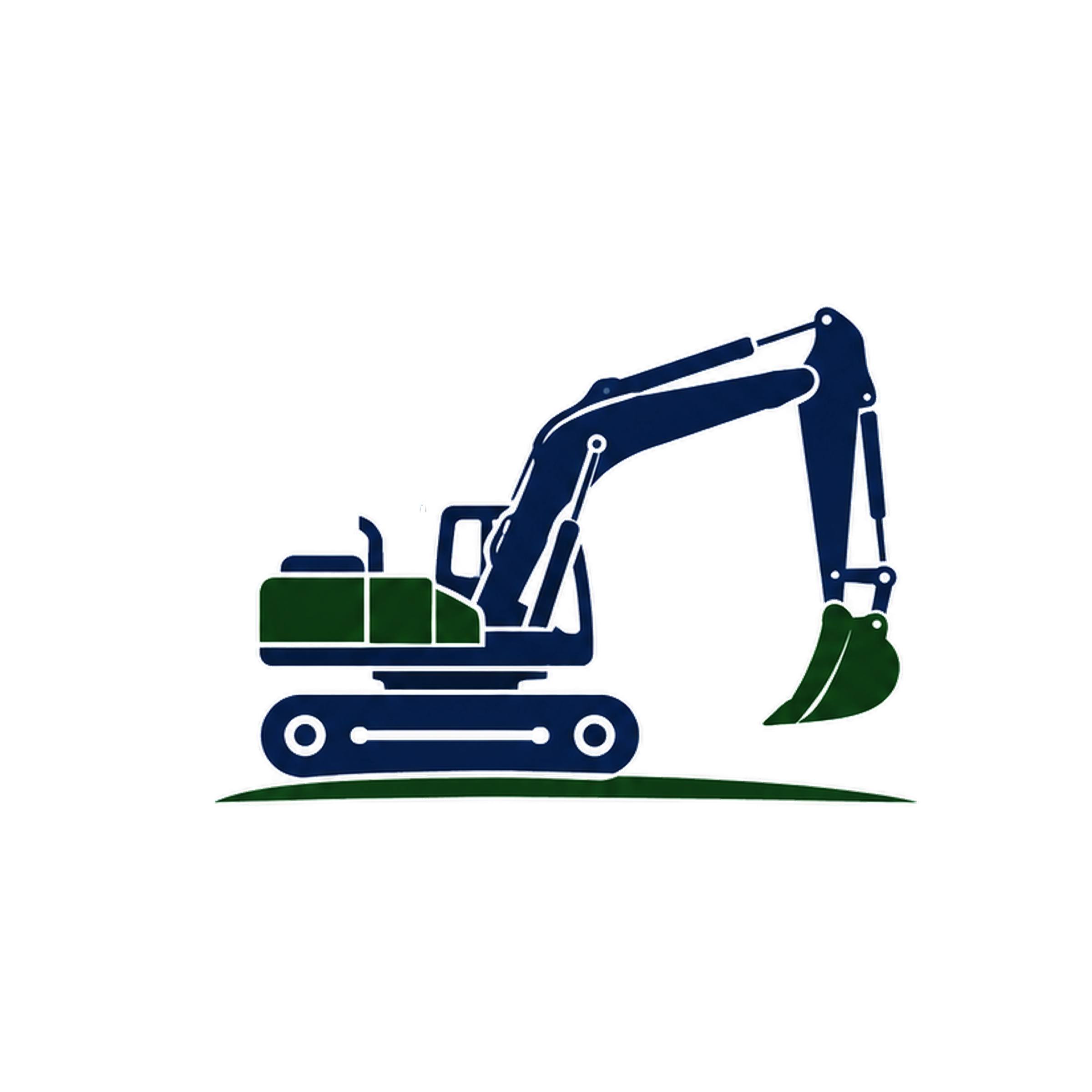 A digital illustration of a blue backhoe loader connected to a green removable container, with a hook on the back of the loader.