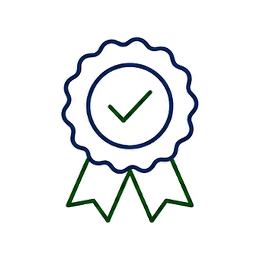 Illustration of a certification badge with a checkmark in the center and two ribbons hanging below.