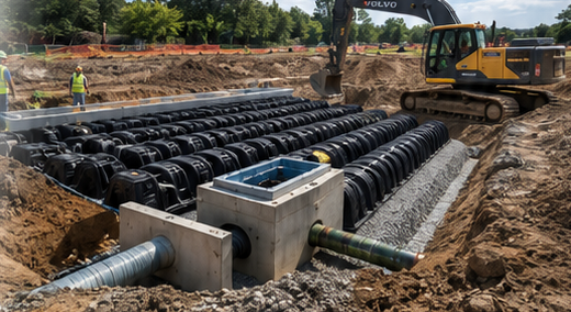 Construction site with an excavator and large black underground tank system being installed in the ground.