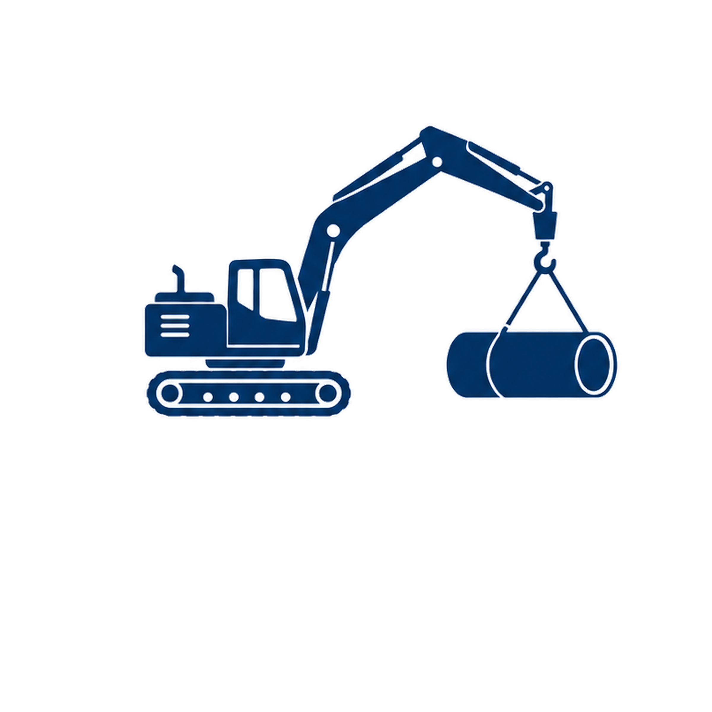 A blue construction excavator holding a container with a hook.