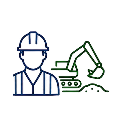 Illustration of an engineer wearing a hard hat and safety glasses, with an excavator in the background.