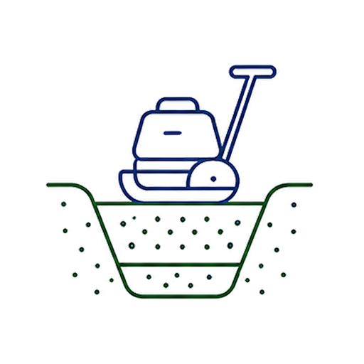 Illustration of a lawnmower cutting grass in a garden bed.